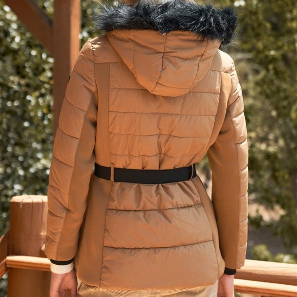 CAMEL Faux Fur Harness Buckle Belt puffer JACKET - Picture 3 of 6